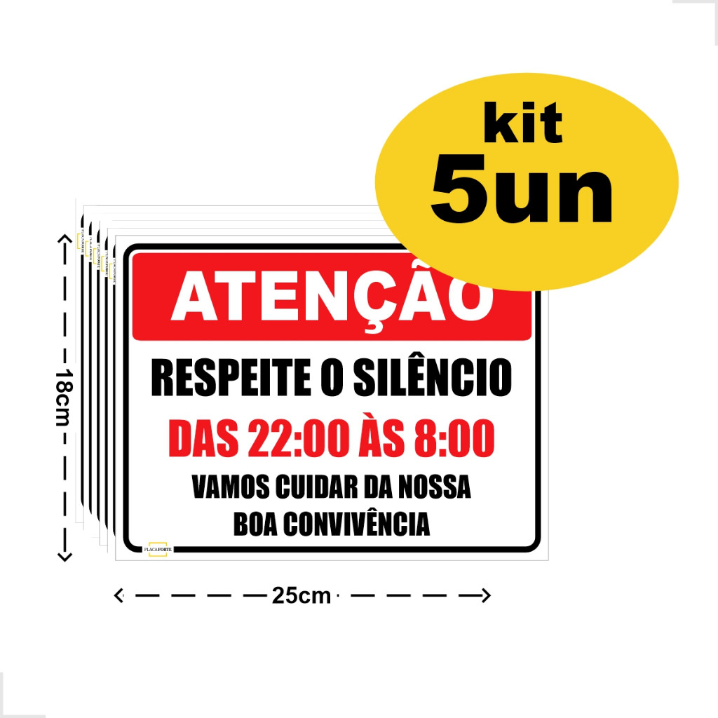 5 Placas Atenção Respeite o Horário de Silencio Prédio Condomínio Hospital 25x18cm