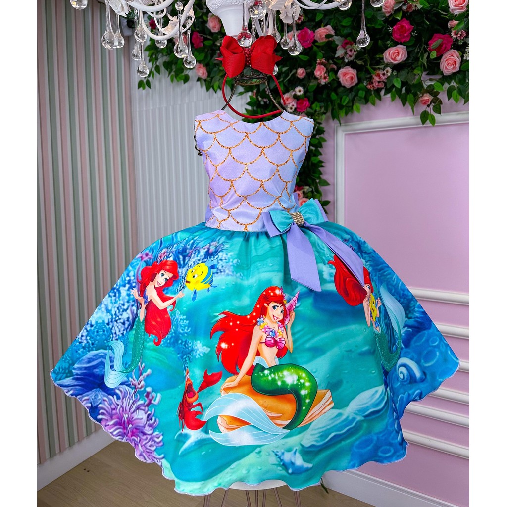 Vestido Infantil Temáticos Luxo Ariel Sereia Modelo 2 Infantil Juvenil Festa Casual Menina Dia a Dia Feminino Verão Elegante Aniversário Confortável Delicado Fofo Rodado Moderno Princesa Luxo Sofisticado