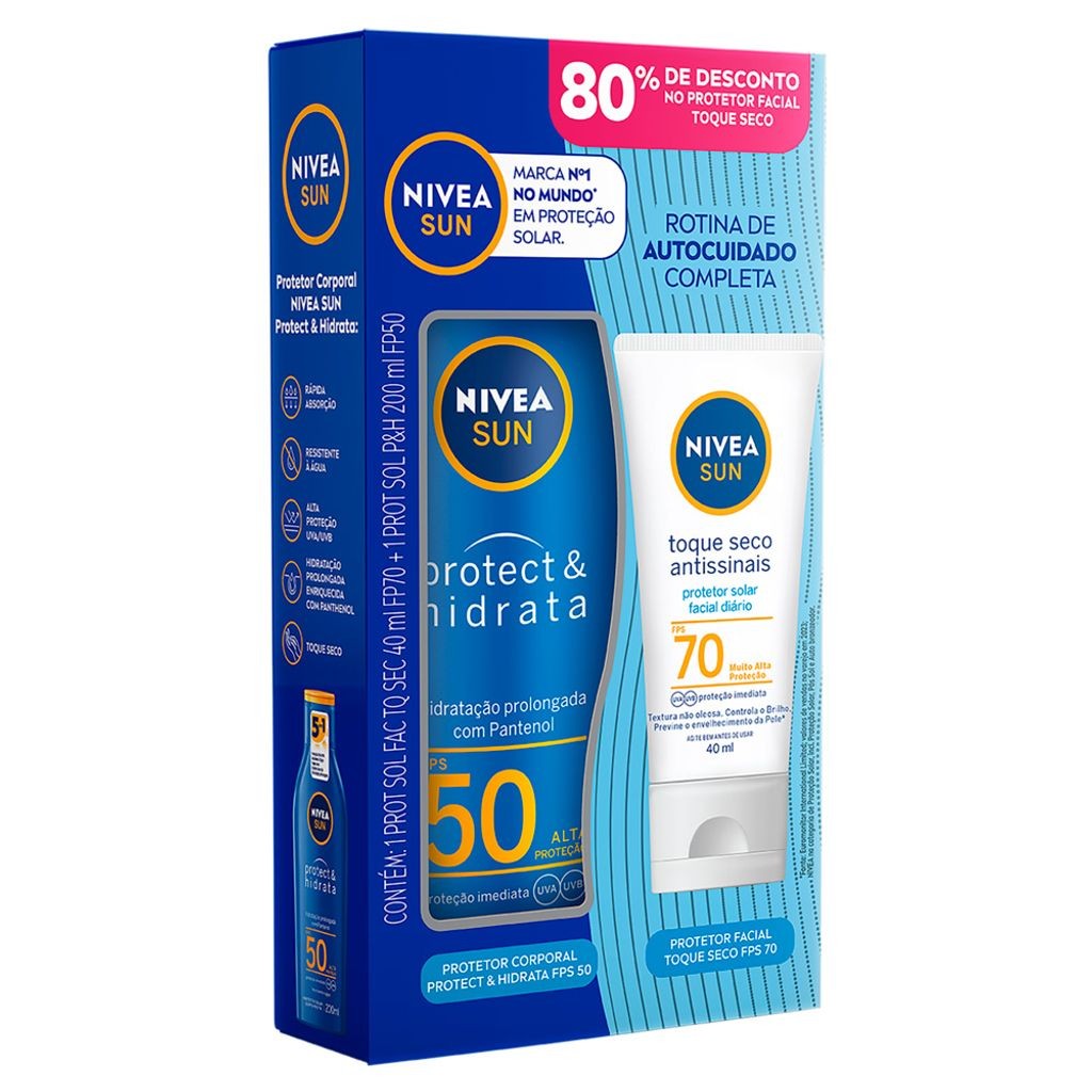 Kit Protetor Solar Nivea Sun Protect e Hidrata FPS 50 200ml e Ganhe 80% de Desconto no Protetor Solar Antissinais FPS 70 40ml - Beauty