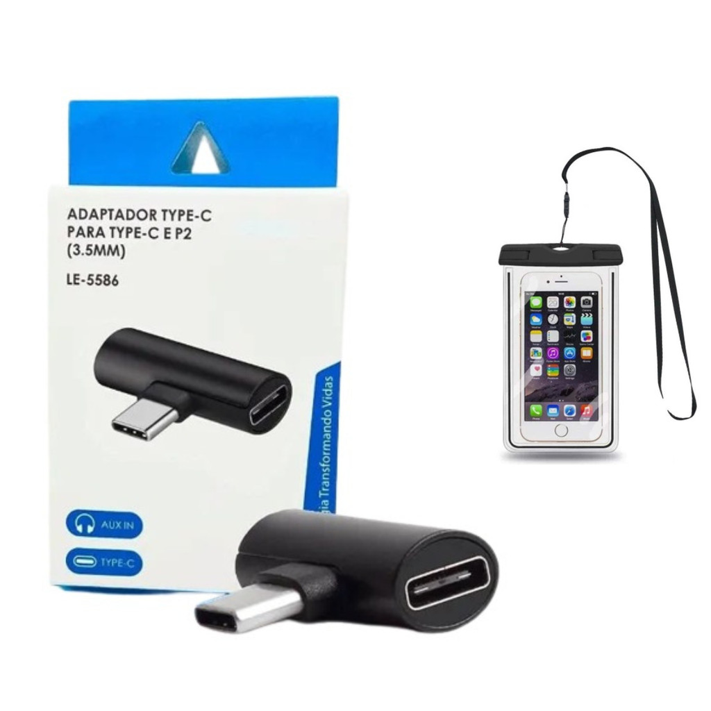 Kit Adaptador  Para Smartphone Celulares Tipo-c Para Tipo-c E P2 3.5mm Le-5586 Capa Bolsa Prova Dágua Impermeável