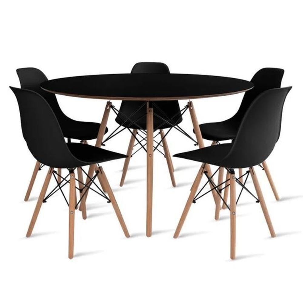 Conjunto De Mesa De Jantar Eames Eiffel Redonda 110cm Tampo De Madeira Preto Com 5 Cadeiras Pretas - Home & Living