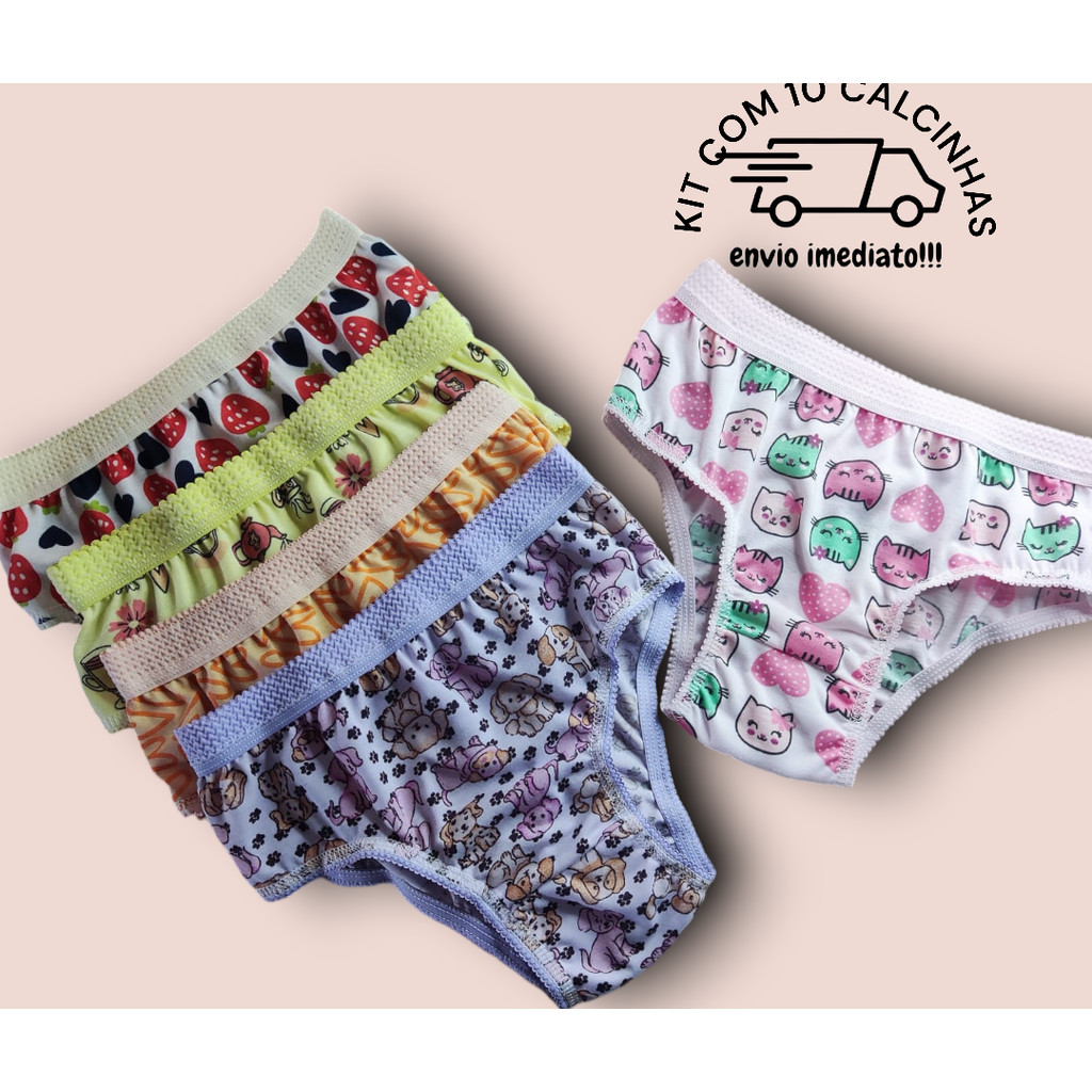 Kit 10 Calcinhas Menina Infantil Cós de elástico Em Algodão Super Confortável Cores Sortidas Estampadas