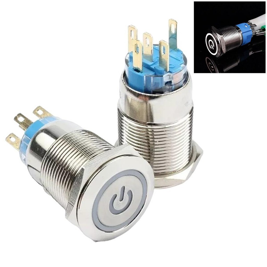 Botão Inox Liga Desliga Start Led 12v 16mm Com Trava Branco