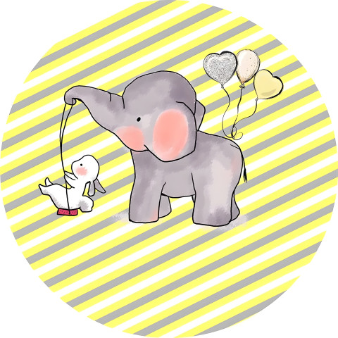 NOVO Painel Festa Infantil Redondo Elefantinho Balanço com Coelhinho, Listras Amarelas e Cinza + Arco, Suporte incluso. Fazemos personalizado com qualquer tema. Confeccionado em Lona fosca, impressão de alta resolução. cenário , p/ Decoração