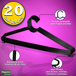 Kit Com 20 Cabides Premium Antideslizante Com Cavas Reforçado Tam Adulto