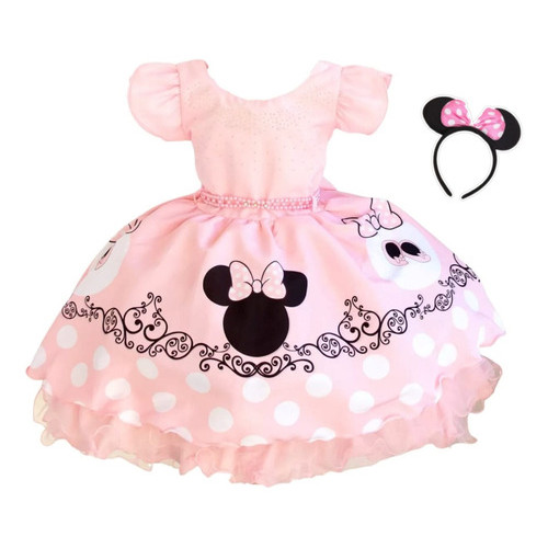 Vestido Infantil Tematico Minnie Rosa Princesa Para Festa Aniversário Tematico com Tiara de Orelha