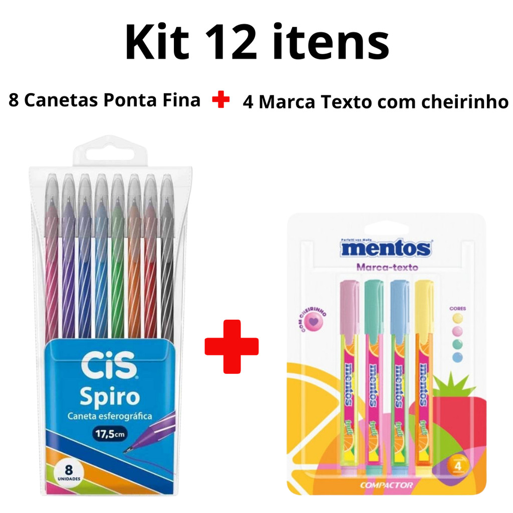 Kit 8 Canetas Coloridas Esferográfica 0,7 mm Ponta Fina Cis Spiro Cores Fine Line + Marca Texto Cor Pastel Colorido Com Cheirinho Destaq Mentos Compactor 4 Cores
