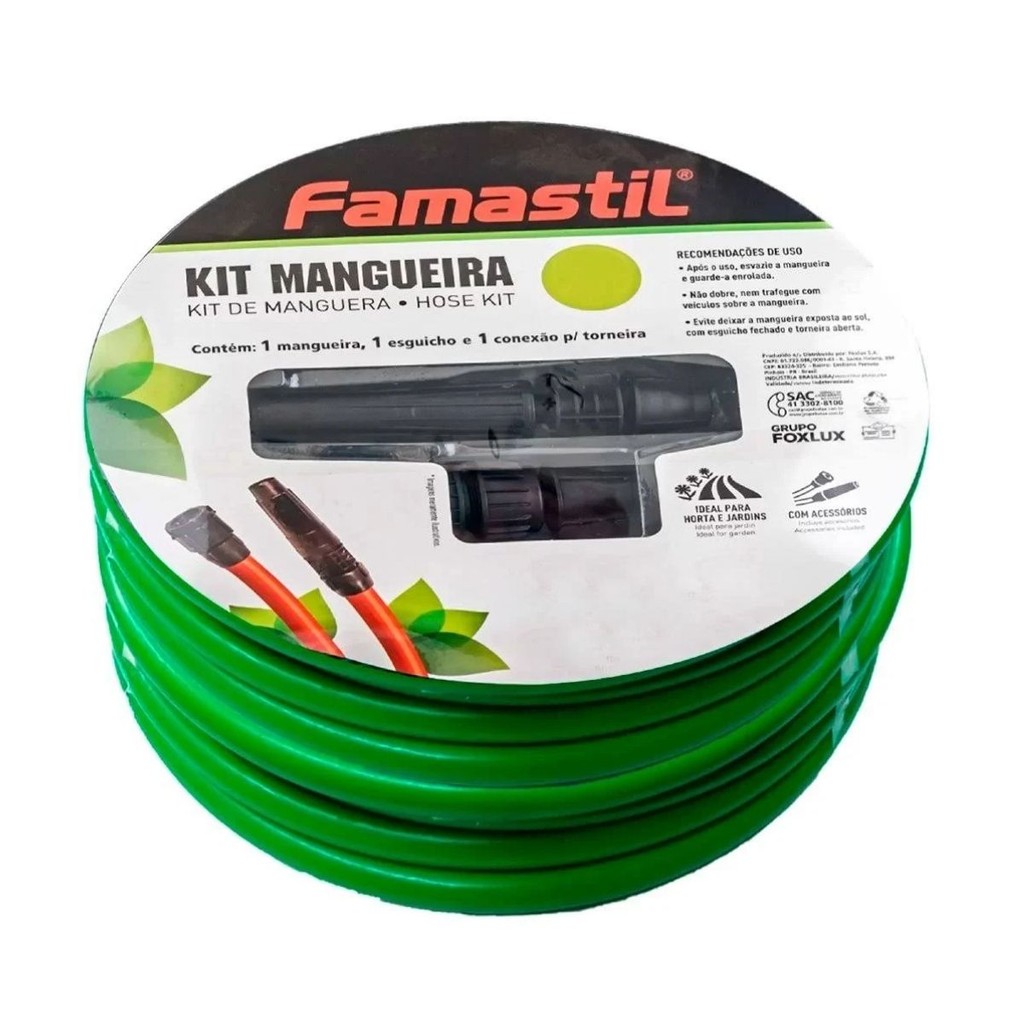 Mangueira Famastil Kit 30M 7/16” x 1,5mm Verde com Esguicho e Conexão ½” | resistente, flexível em Oferta na Shopee