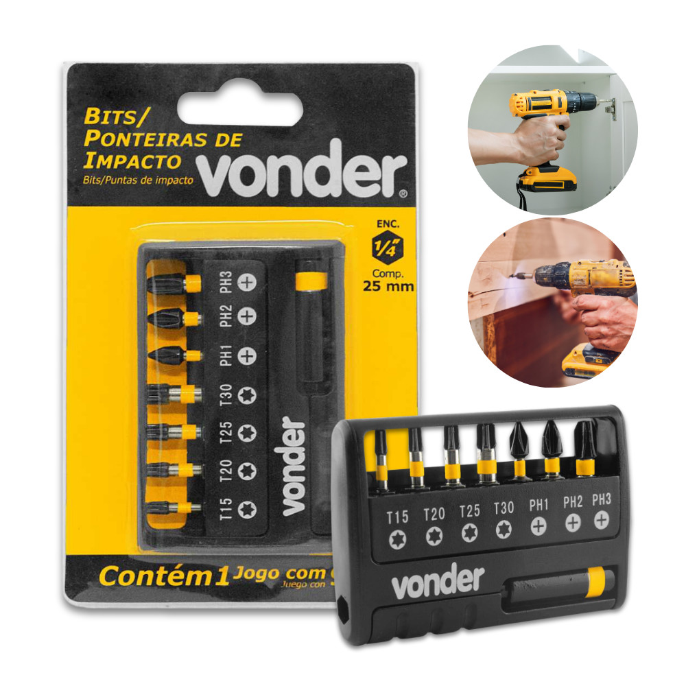 Jogo De Bits Ponteira De Impacto Encaixe Sextavado S2 9 Peças 1/4” Vonder Aço Parafusadeira Furadeira Alta Resistência