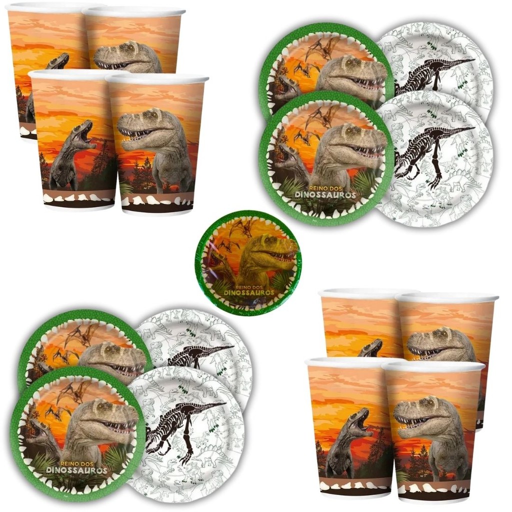 Kit Festa  DINOSSAURO 16 Pratos + 16 Copos Descartável 180 Ml Papel - REGINA