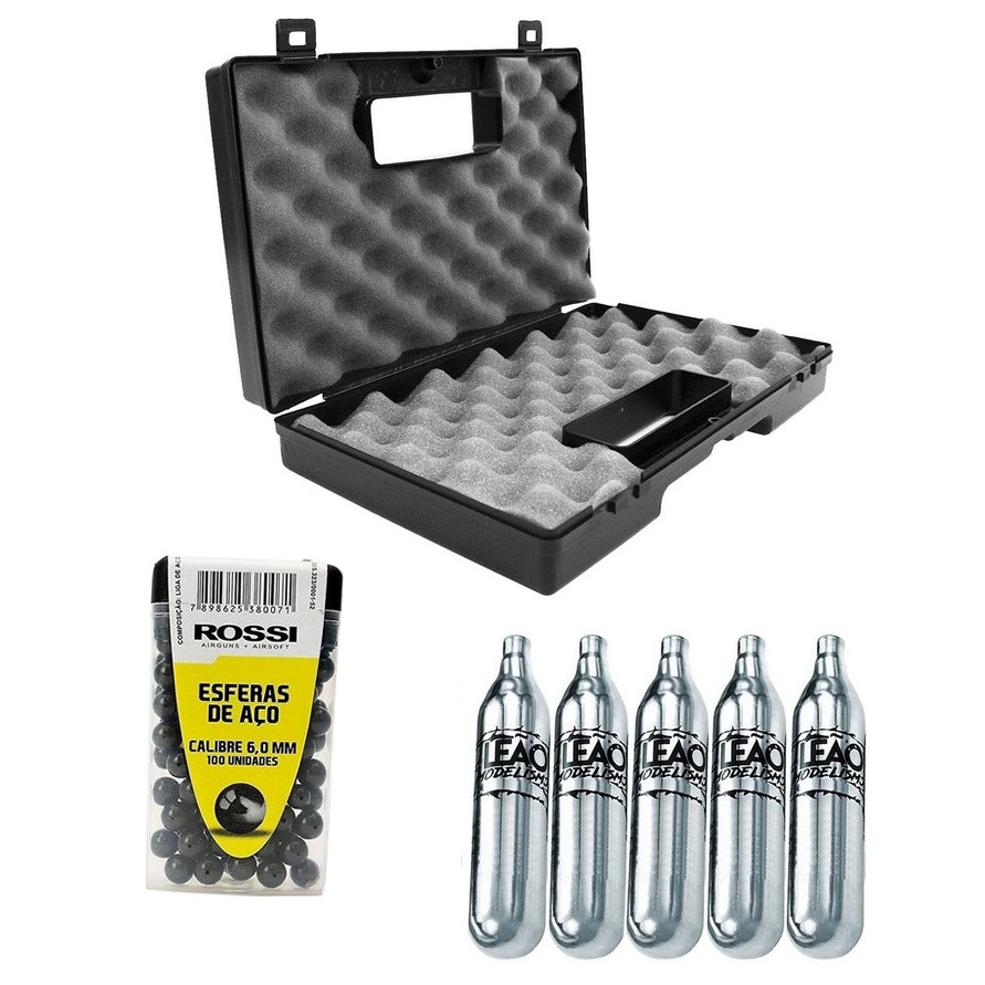 Kit 5 Co2 12g + 100 Esferas Aço 6mm + Maleta Rígida Rossi - Essencial p/ Airsoft!
