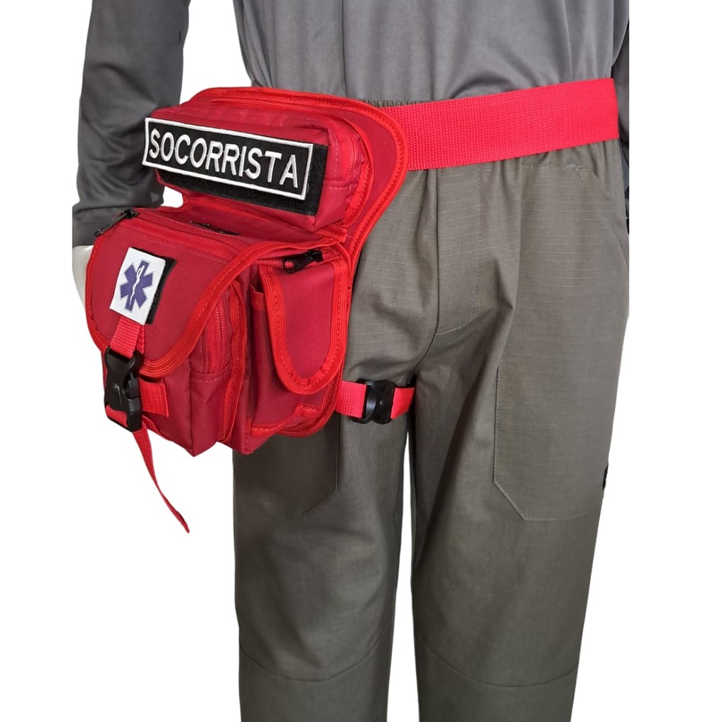 Bornal Pochete de Perna Vermelho Patch Socorrista e Estrela da Vida incluso 7 bolsos Mira   com Cinto Mira Impermeável