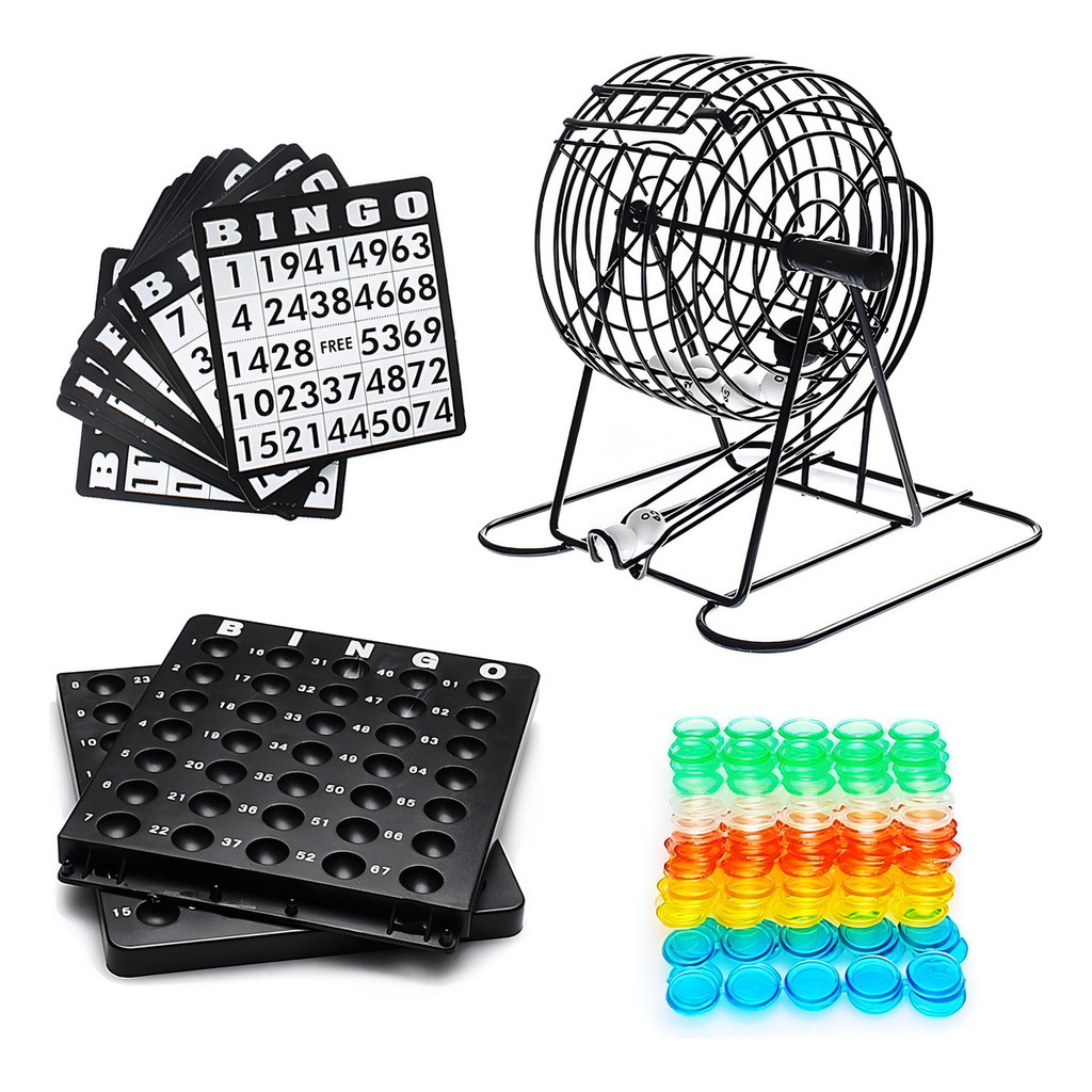 Jogo De Bingo Completo Com Globo Giratório 75 Bolas Tabuleiro 18 Cartelas Reutilizáveis E Marcadores