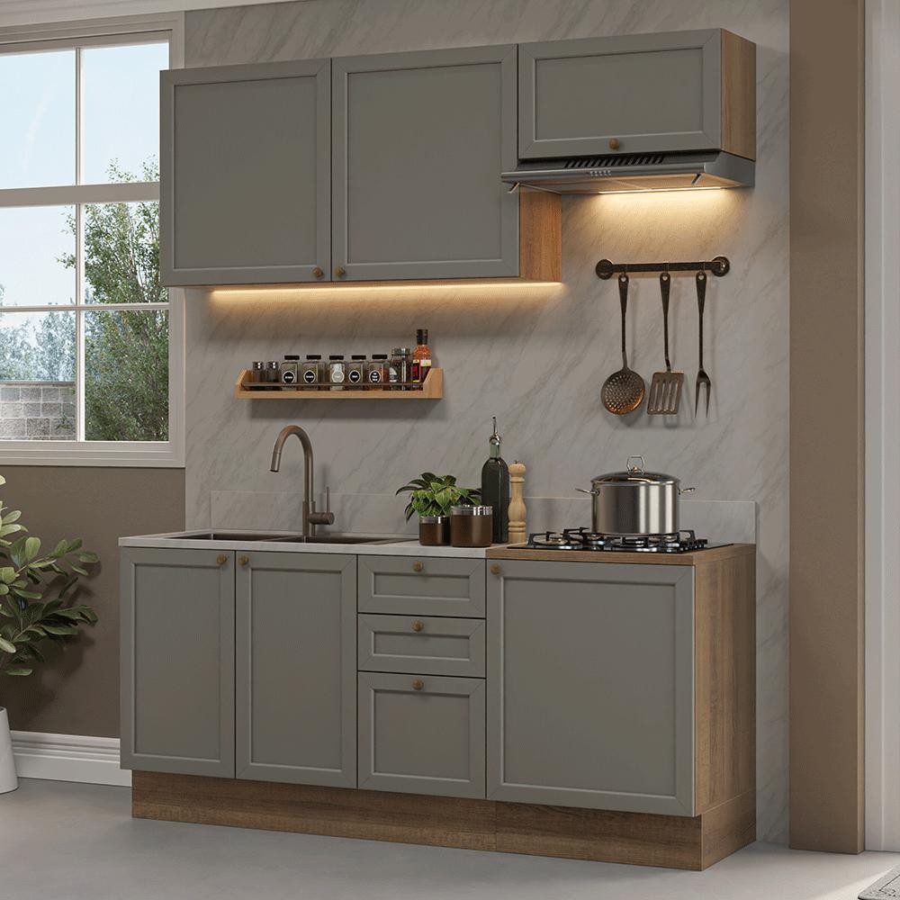 Armário de Cozinha Compacta 180 cm Rustic/Cinza Vik Madesa 01