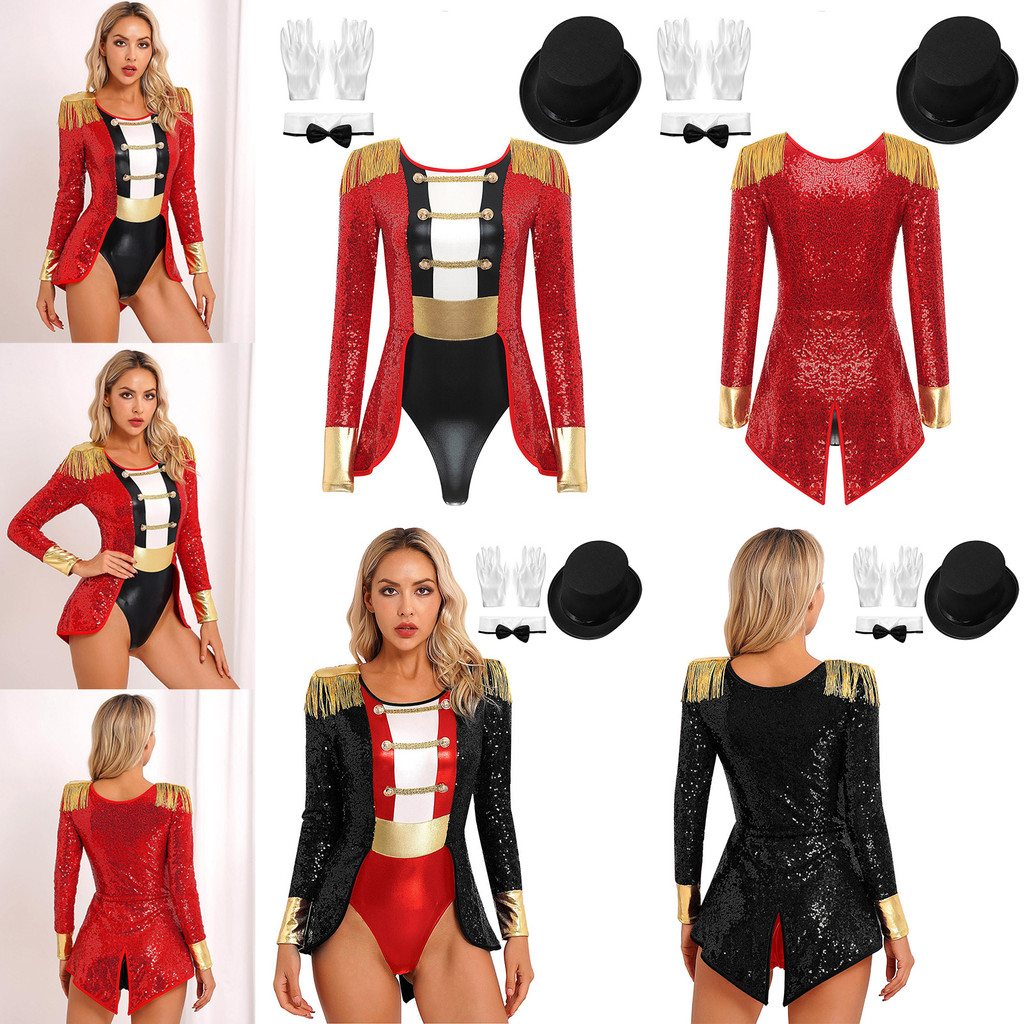 Yeahdor Conjunto De Fantasia Feminina De Circo Ringmaster , Manga Comprida , Gola Redonda , Franjas , Ombro , Lantejoula