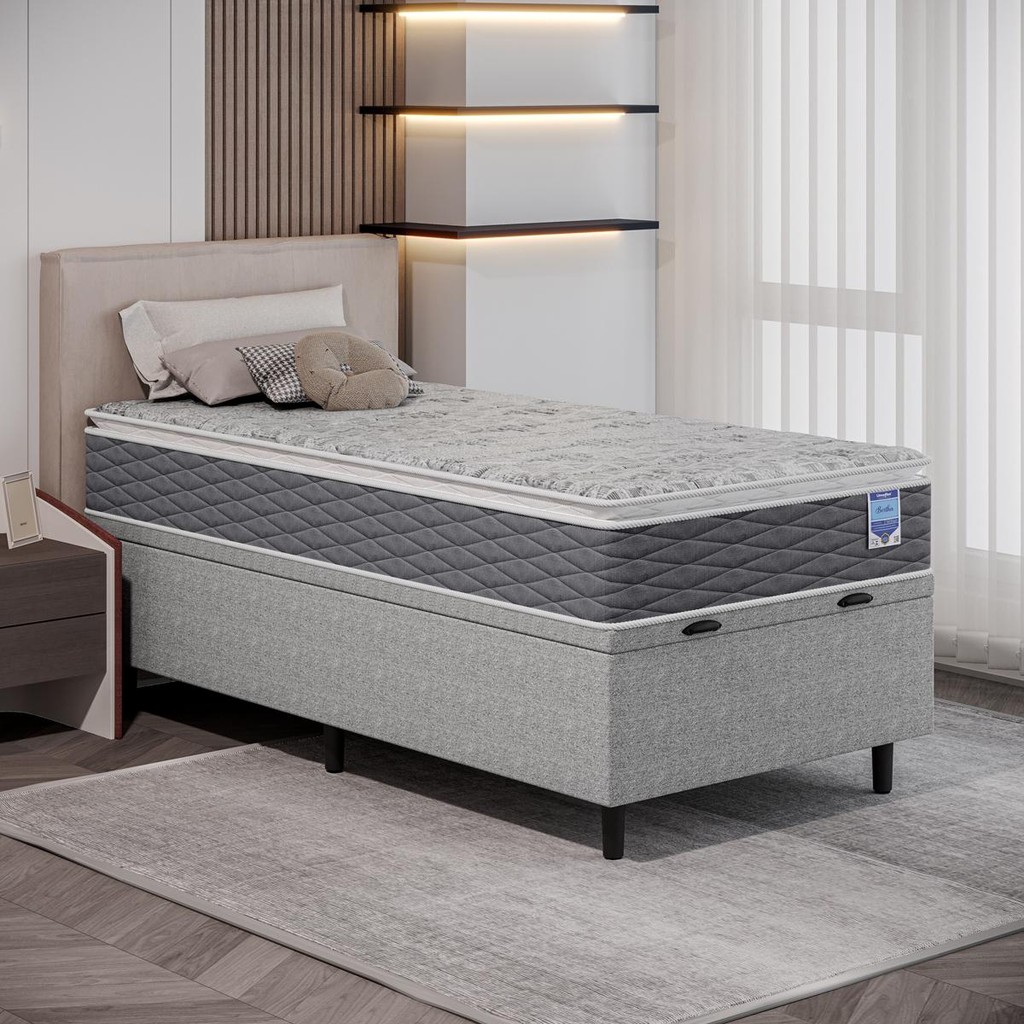 Cama Box Baú Solteiro Molas Ensacadas e Espuma D26 com Pillow Top 88x188x67 Cinza Umaflex em Oferta na Shopee