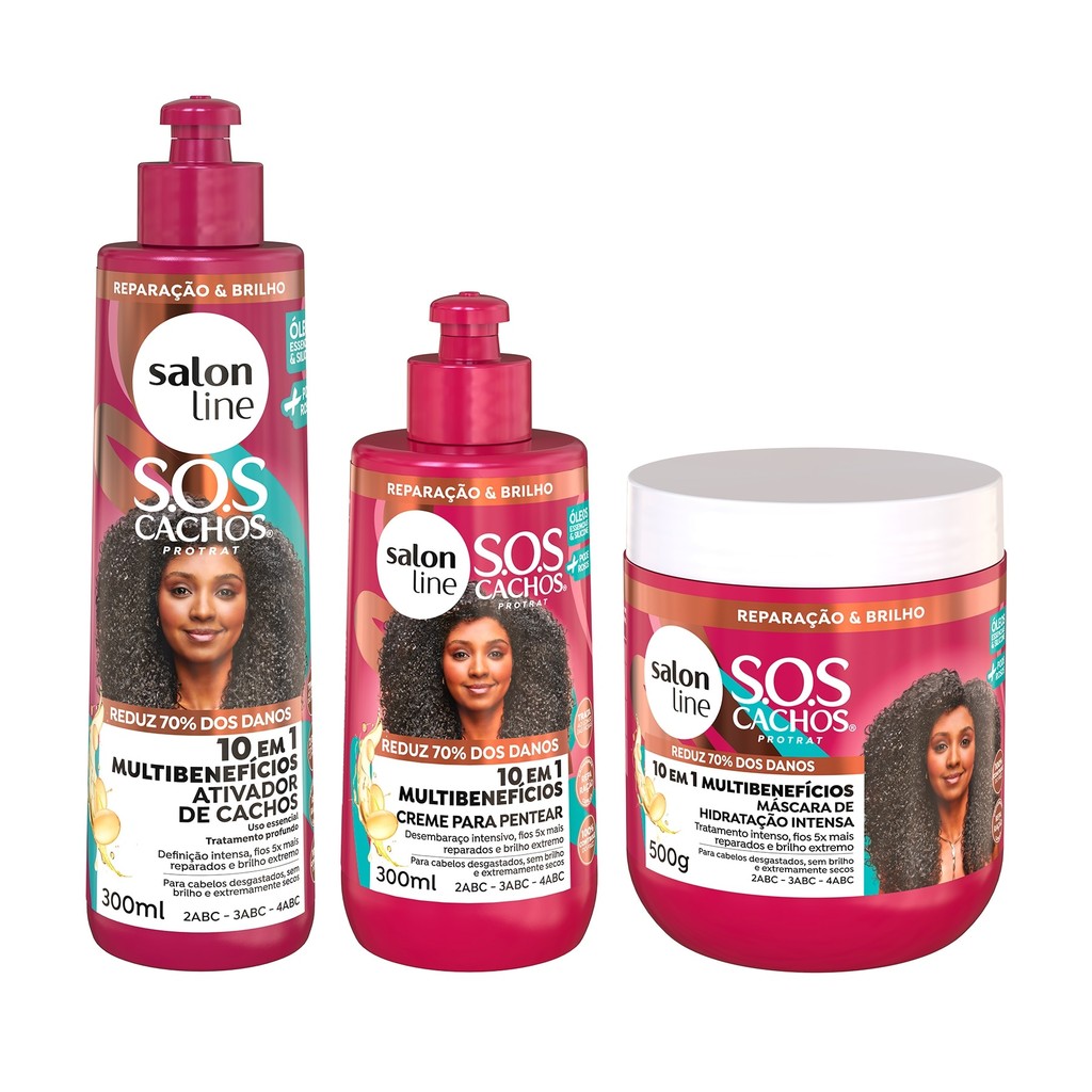Kit Cachos e Crespos SOS Cachos 10 em 1 Multibenefício com Ativador, Creme e Máscara Salon Line - Beauty