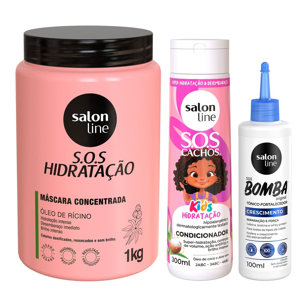 Kit com Condicionador SOS Cachos + Tônico Fortalecedor + Máscara Hidratação Turbinada Salon Line - Beauty