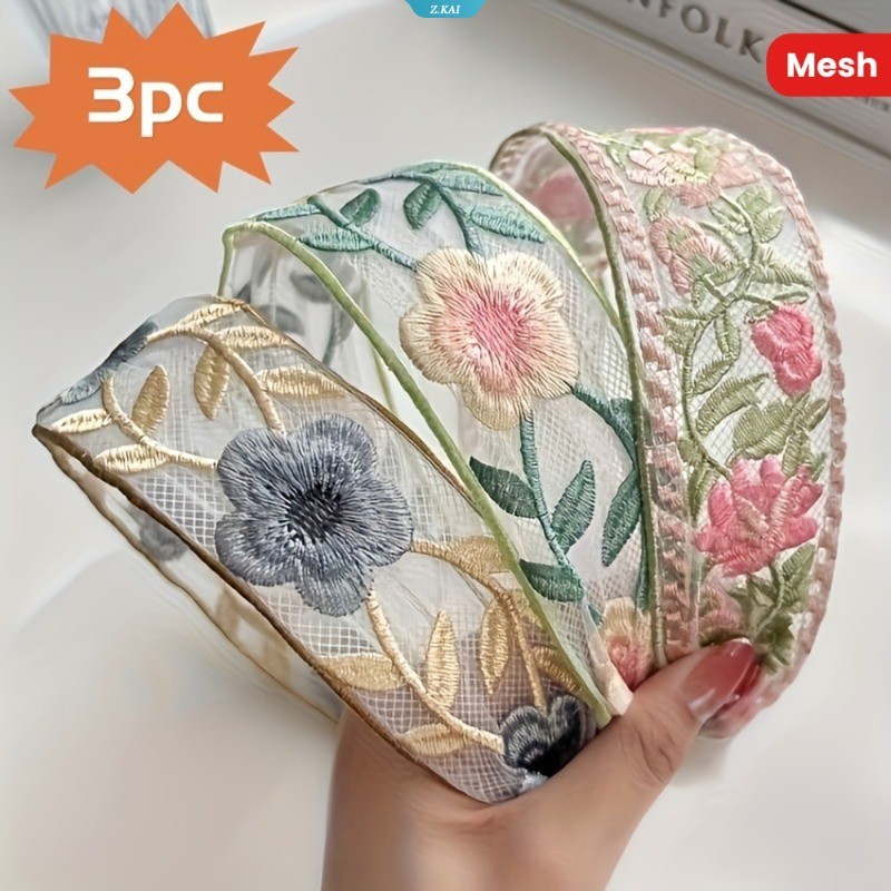 3 Pçs Nova Faixa De Cabelo De Renda Bordada Estilo Étnico Bordado Vintage Bandana Borda Larga Hairpin em Oferta na Shopee