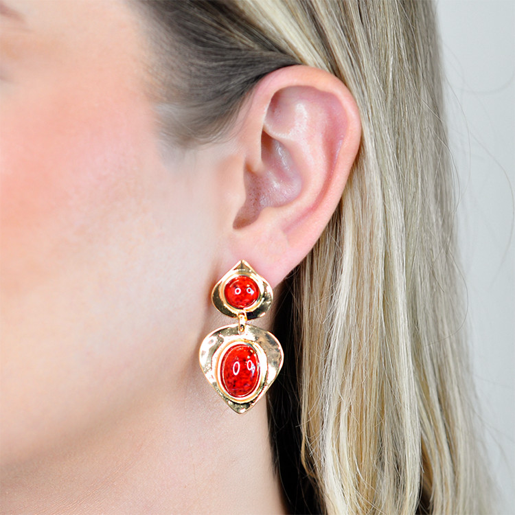 Brinco Boho Pêndulo Dourado Gota Oval Vermelho Feminino Boho Chic