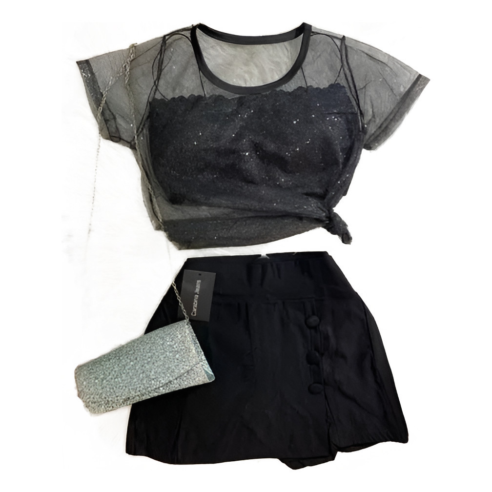 Conjunto Cropped Tule Glitter Brilho Final Ano Novo +Top RENDA ALCINHA