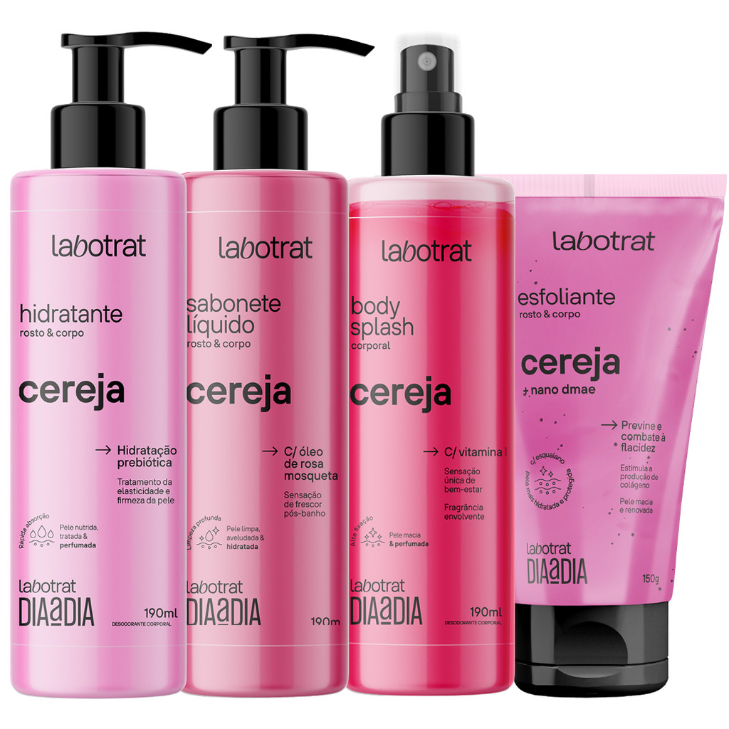 Kit Banho Premium Labotrat Cereja Completo 4 Produtos C/ Body Splash Cheiro De Fruta Corpo E Rosto