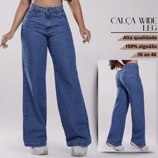 Wide Leg Jeans - A verdadeira calça de Shopping Pantalona Cós Alto 100% Algodão em Oferta na Shopee
