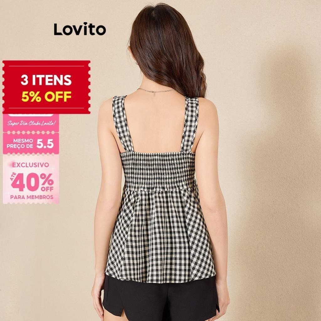 (Trendy) Lovito Regata Casual Xadrez Com Ilhós E Laço Para Mulheres L109MD282 - Women Clothes