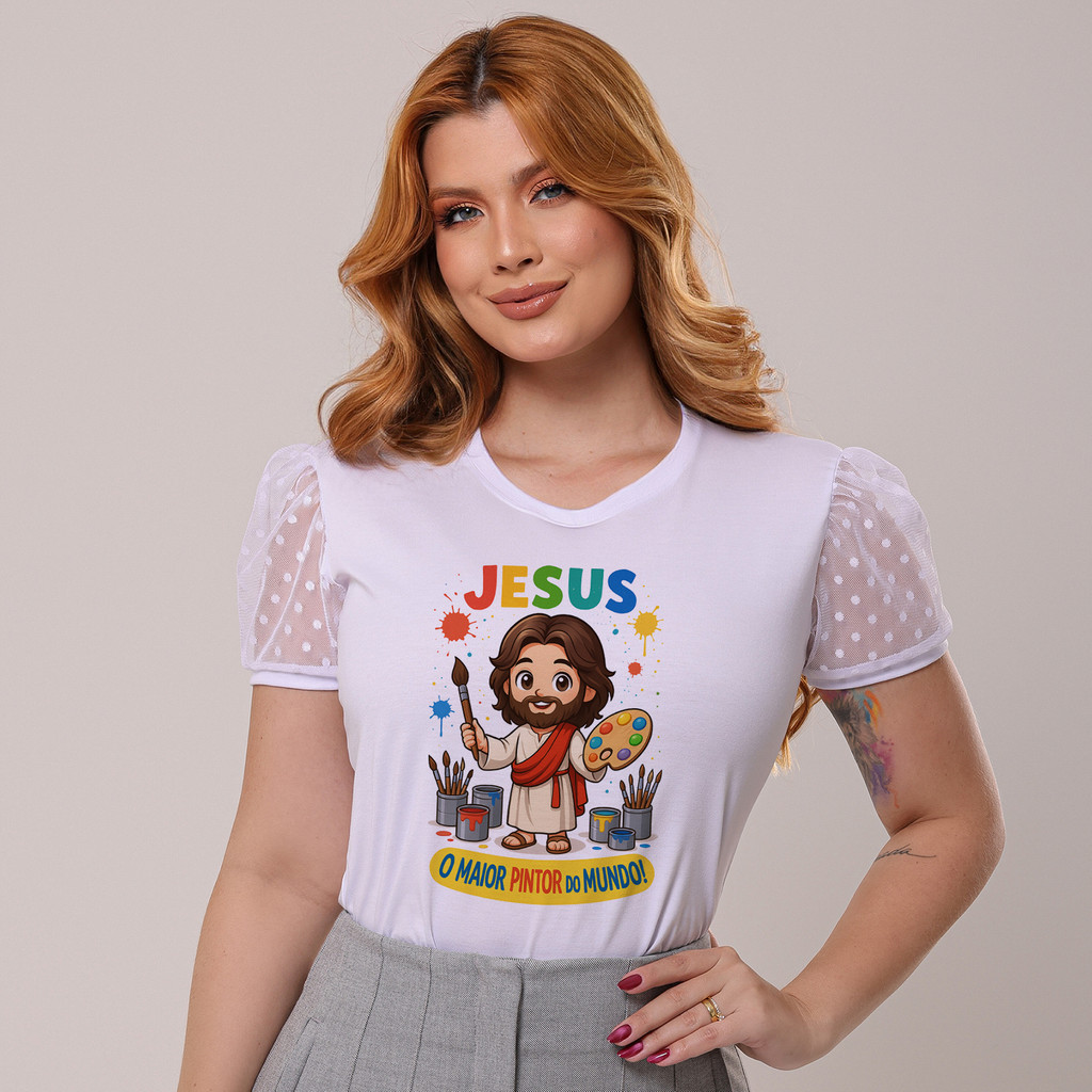 Blusa Feminina Com Manga Tule Luxo - Jesus O Maior Pintor Do Mundo em Oferta na Shopee
