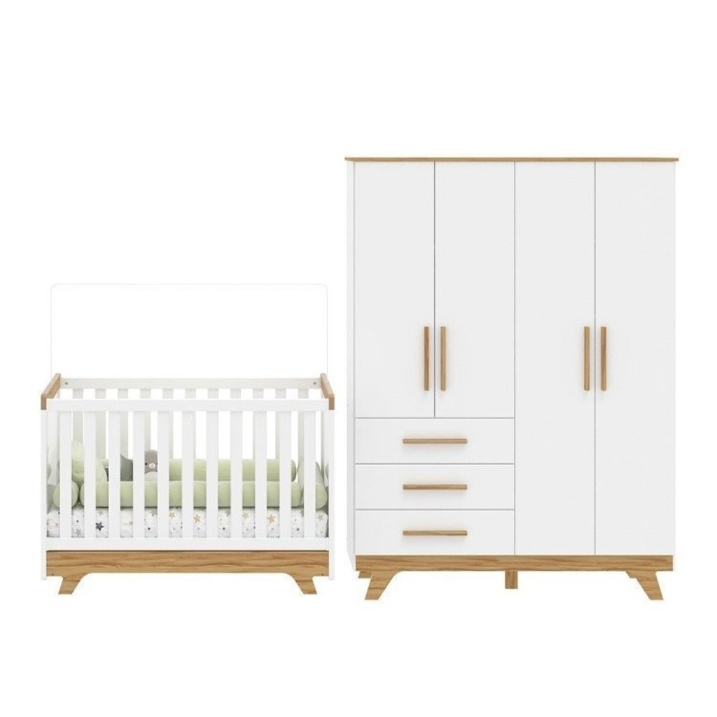 Conjunto Quarto de Bebê com Guarda Roupa e Berço Kakau Retrô Espresso Móveis Branco Brilho/Amêndoa - Mom & Baby