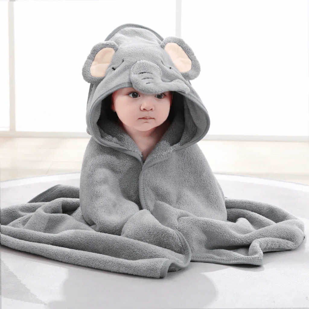 Cobertor Bebê Elefante com Capuz Bordado para Charutinho Recém Nascido Cinza - Envio Imediato