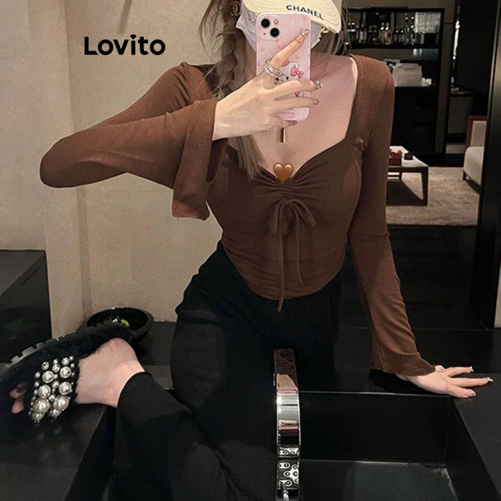 (Trendy) Lovito Camiseta Casual Lisa Com Cadarço E Cordão Para Mulheres LNE40542 em Oferta na Shopee