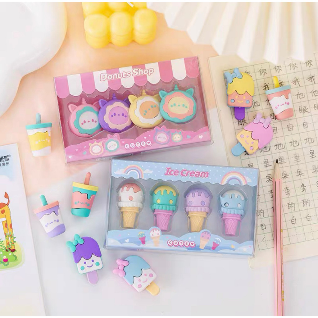 Kit 4 borrachas fofas mini fofo donuts pirulito sorvete picolé Papelaria criativa kawaii