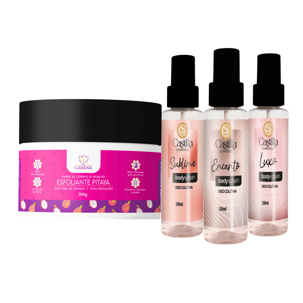 Kit Esfoliante Corporal Pitaya 300g Fio Cabana + Body Splash Castilla – Luxo, Sublime ou Encanto