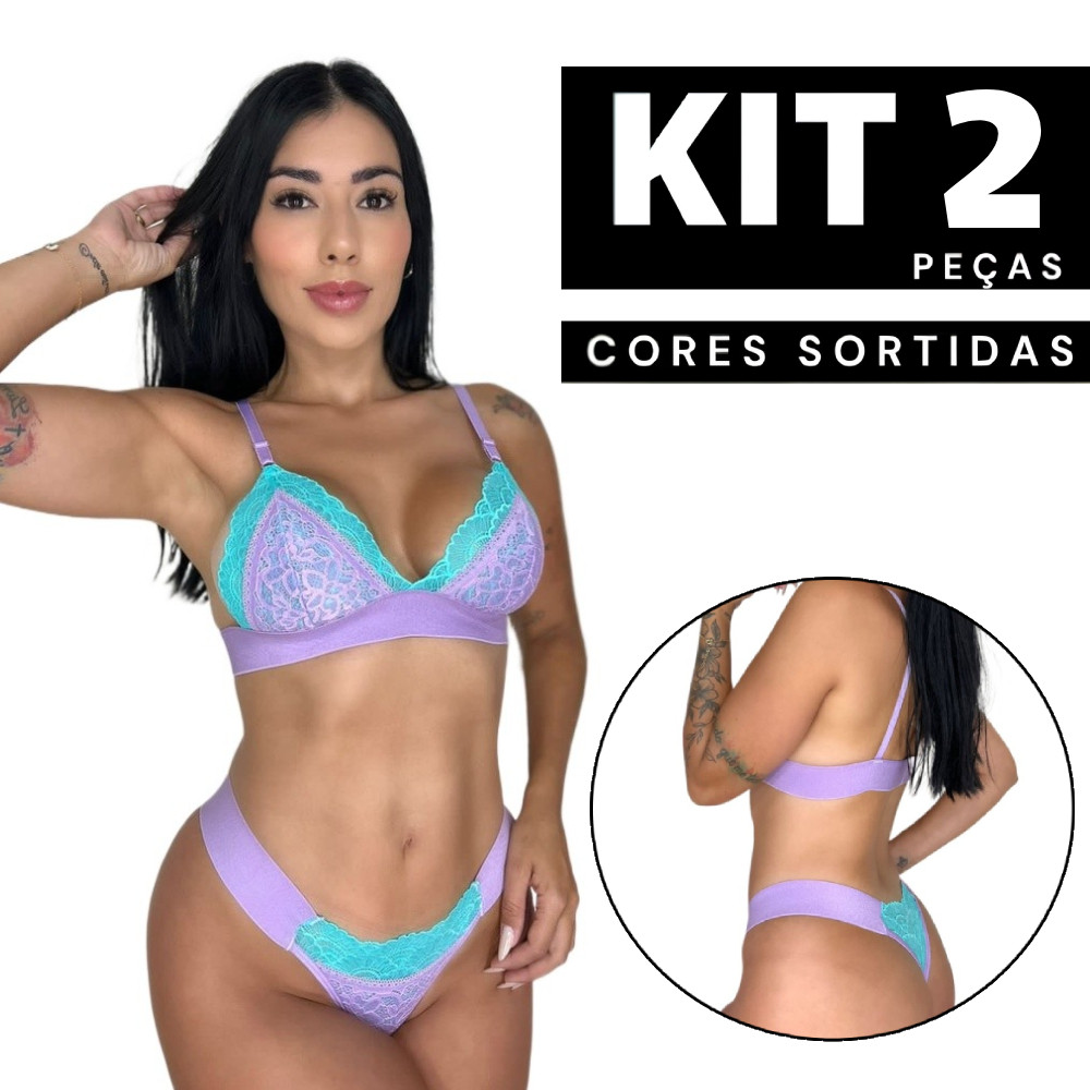 Kit 2/1 Conjunto Feminino Neon Sutiã Sem Bojo e Calcinha Renda Lingerie Sexy Conforto Espera Marido
