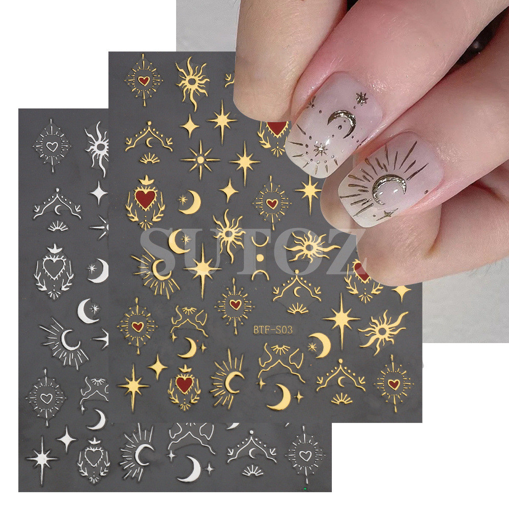 Decalques 3d de Manicure dourados brilhantes sol lua Starburst adesivos para unhas