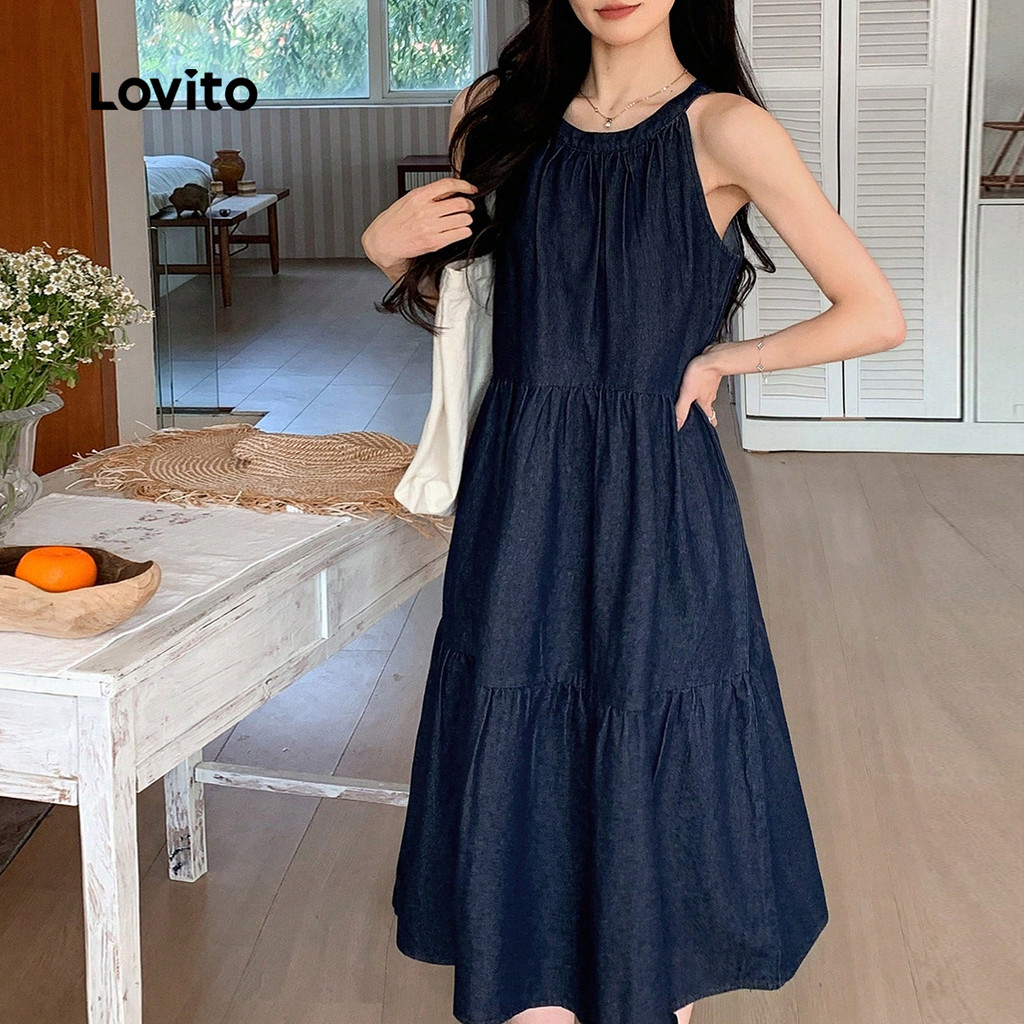 Detalhes do Lovito Vestido Feminino Azul Escuro Casual Primavera Verão Texturizado com Botões e Camadas L141LD054
