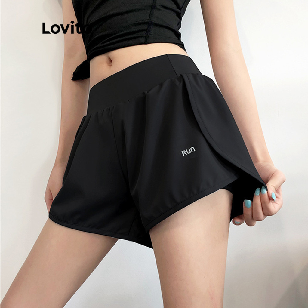 Lovito Shorts Esportivos Esportivos Com Letras De Camada Dupla Padrão Shorts Esportivos Para Mulheres LNA10136 - Women Clothes