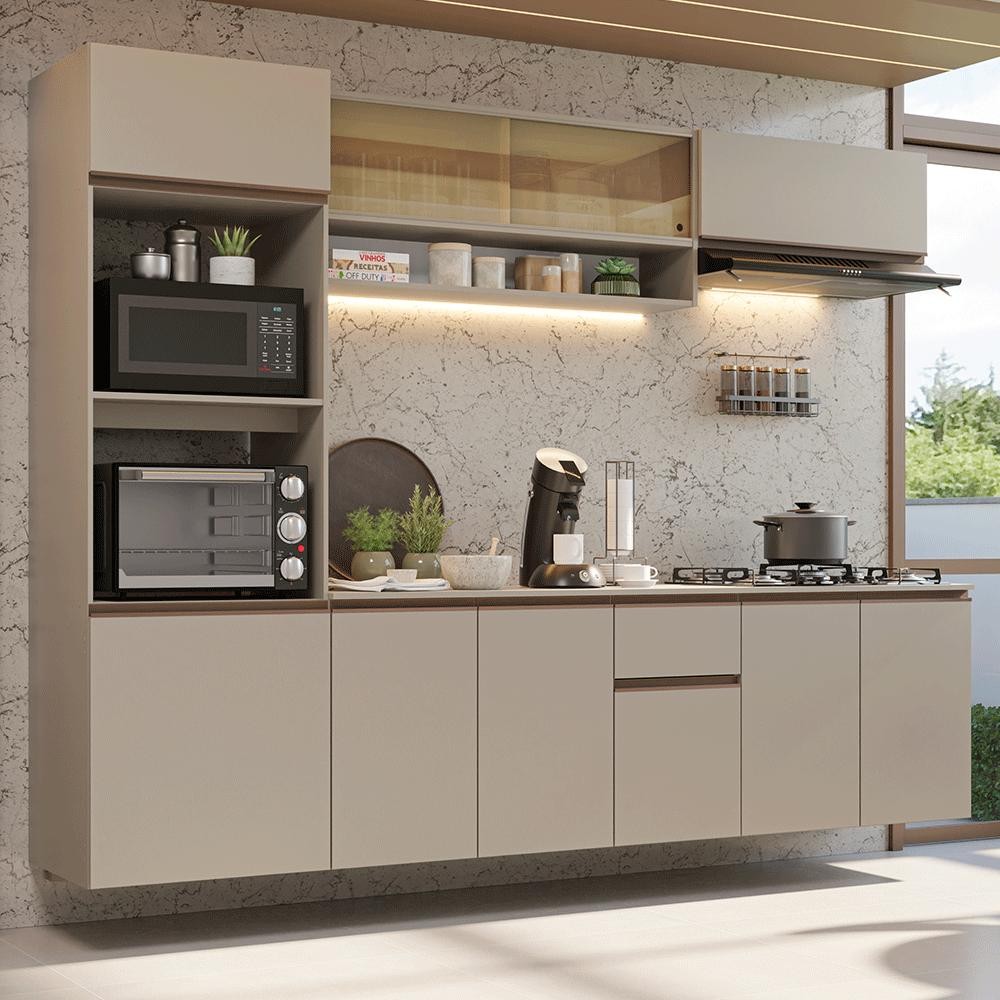 Armário de Cozinha Completa 260 cm Suspenso Crema Nice Madesa 14 em Oferta na Shopee