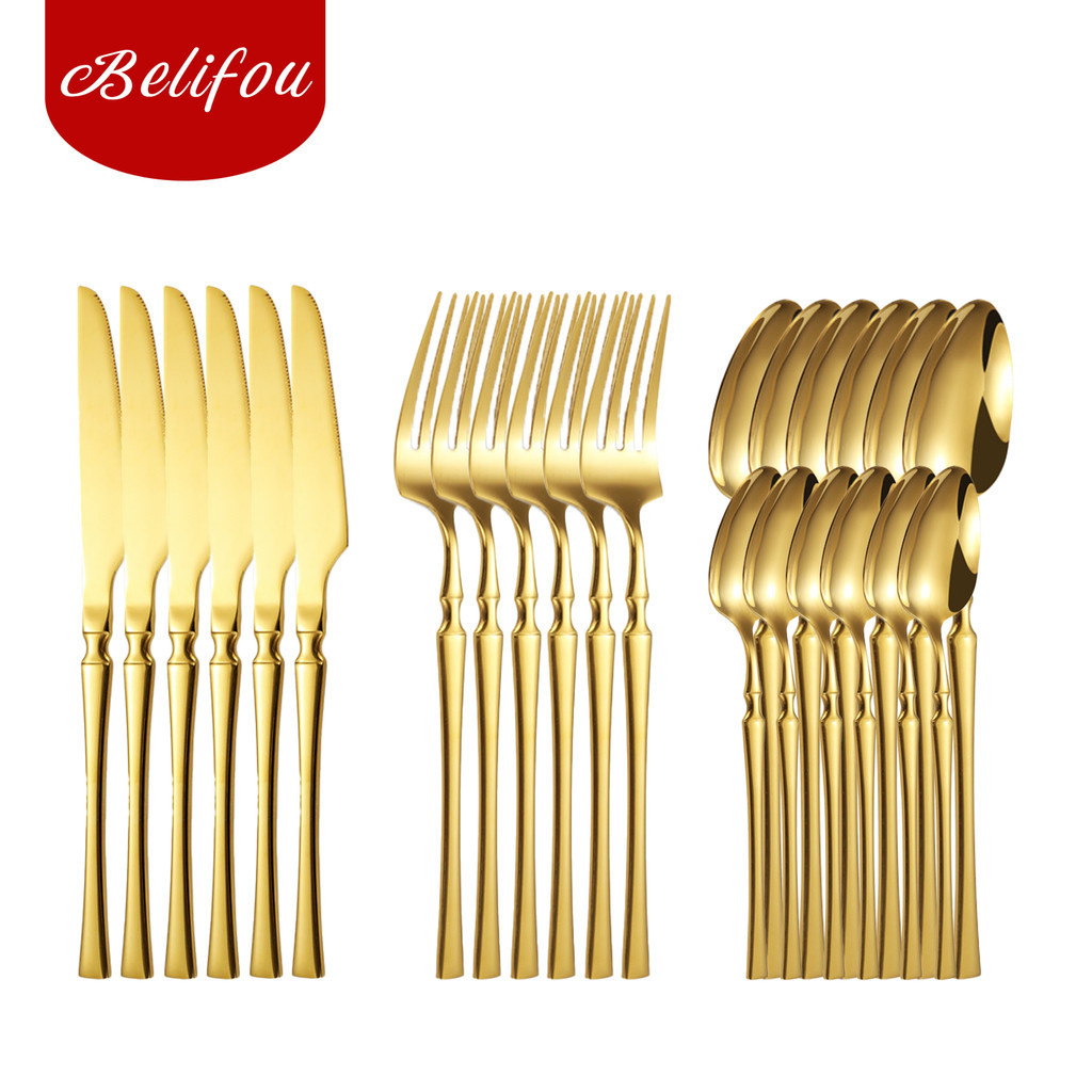 Belifou Kit 24 Jogo De Talheres Aço Inoxidável 416 Cintura Fina Dourado em Oferta na Shopee