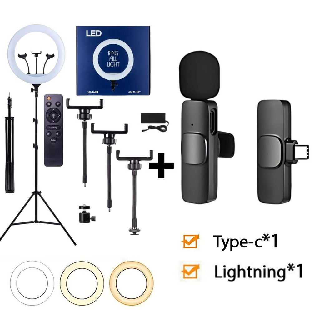Kit completo para transmissão ao vivo: anel de luz de 6/8" + microfone de lapela sem fio para vlog.