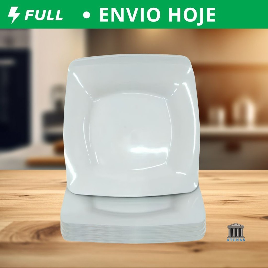 Kit Prato Raso com Borda Branco Refeição Churrasco Festa Pratos Plastico Quadrado Branco Preto