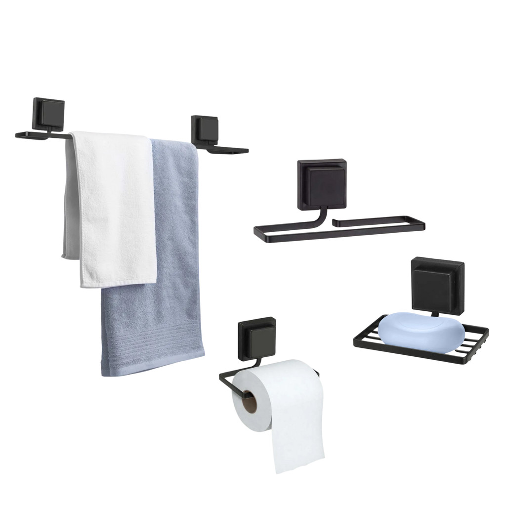 Kit Acessórios Para Banheiro 4 Peças c/ Fita Adesiva Sem Furo Preto e Dourado em Oferta na Shopee