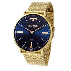 Relógio Pulso Masculino Technos 2025LTKS4A Slim Dourado Fundo Azul Analógico Pulseira Aço Prova D'água 50m Vidro Safira