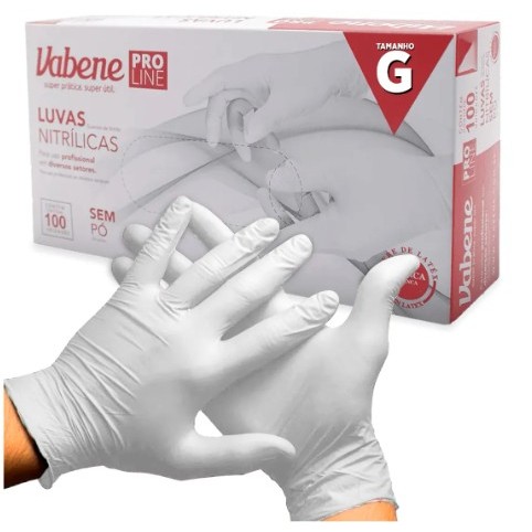 LUVA NITRILICA BRANCA RESISTENTE S/ PÓ 100UN - VABENE [ESTUDIO/CLINICA/TATUAGEM/HOSPITAL]