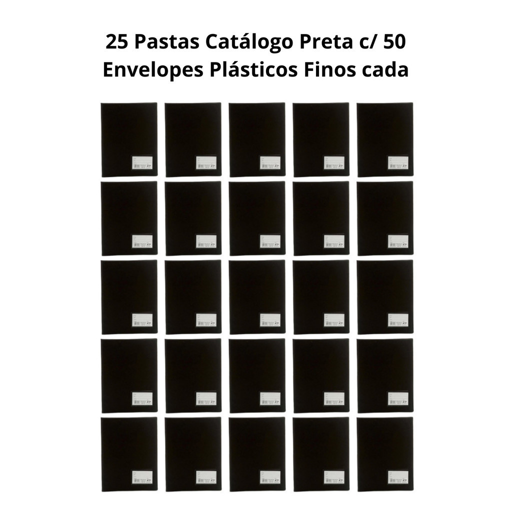25 Pastas Catálogo Preta c/ 50 Envelopes Plásticos Finos cada - Tamanho A4 - ACP