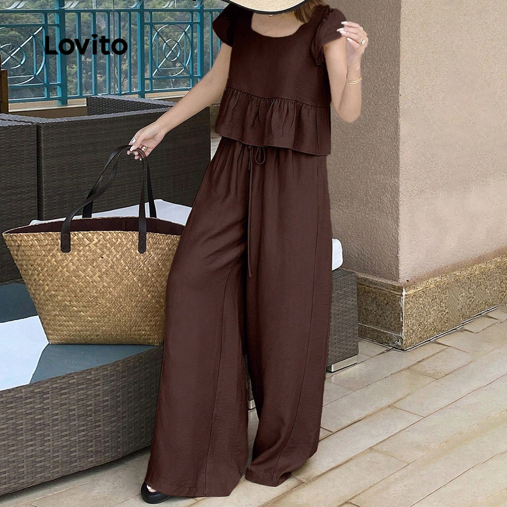 Detalhes do Lovito Conjunto Casual Blusas Calças Laço Nas Costas Modelagem Solta Mulheres Ideal Para a Primavera/verão L143ED854