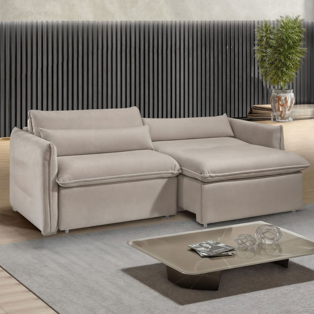 Sofá Cama 3 Lugares Aurora Retrátil Veludo Bege Claro - Celflex em Oferta na Shopee