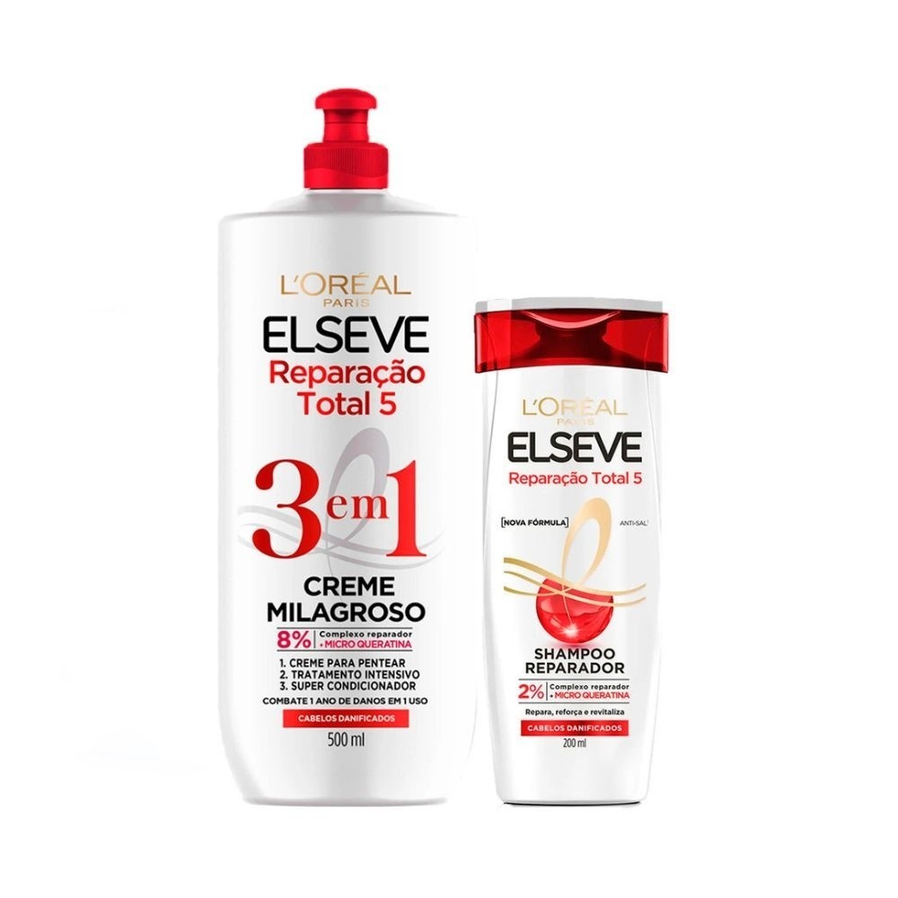 Kit Elseve L’Oréal Paris Reparação Total 5 Shampoo 400ml + Creme Milagroso 3em 500ml (2 produtos) em Oferta na Shopee