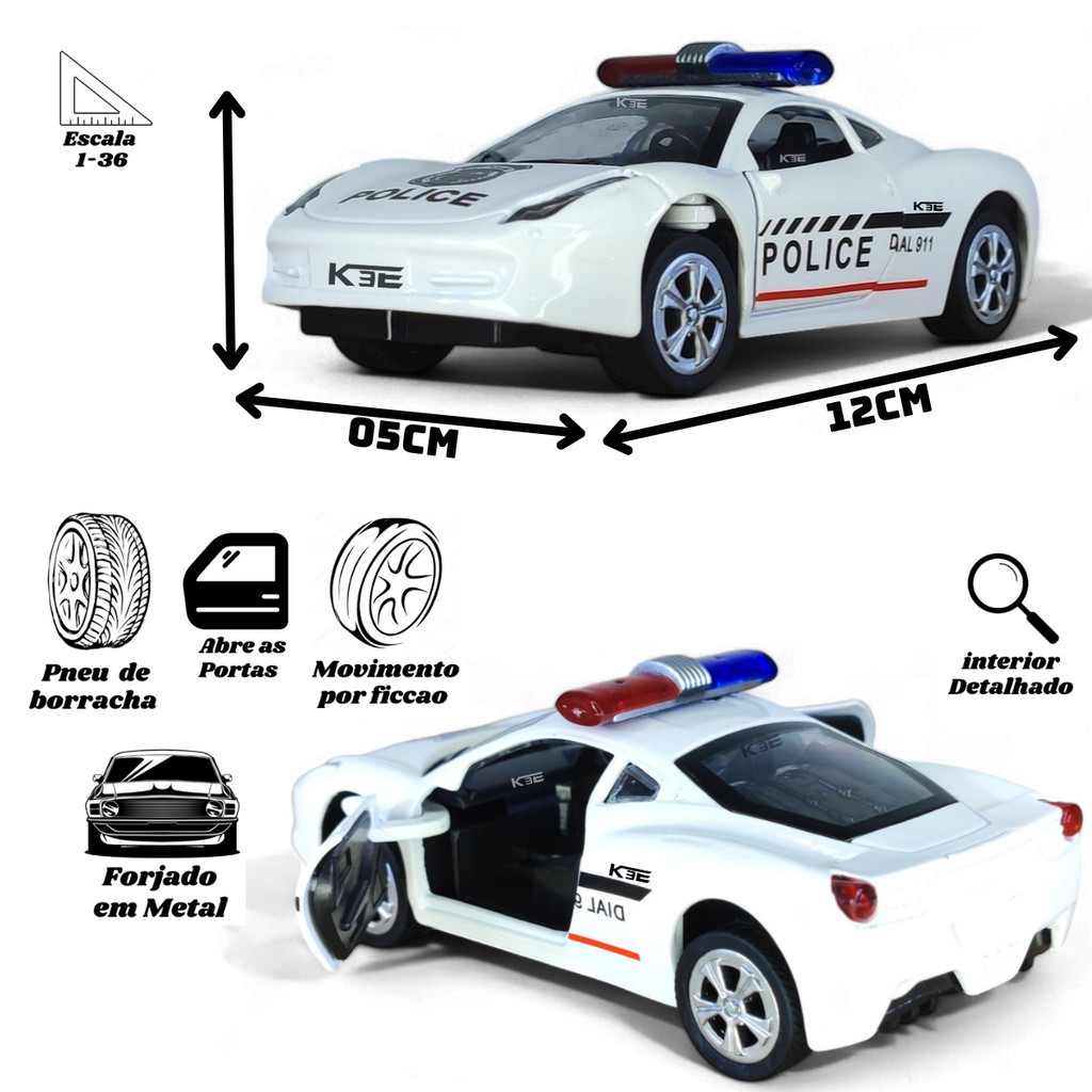Carrinho Ferrari 458 da Polícia: Fricção, Portas e Capô Abertos